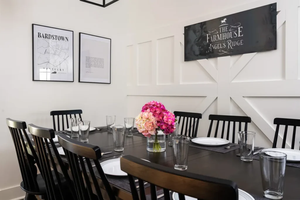 Farmhouse dining table with seating for ten