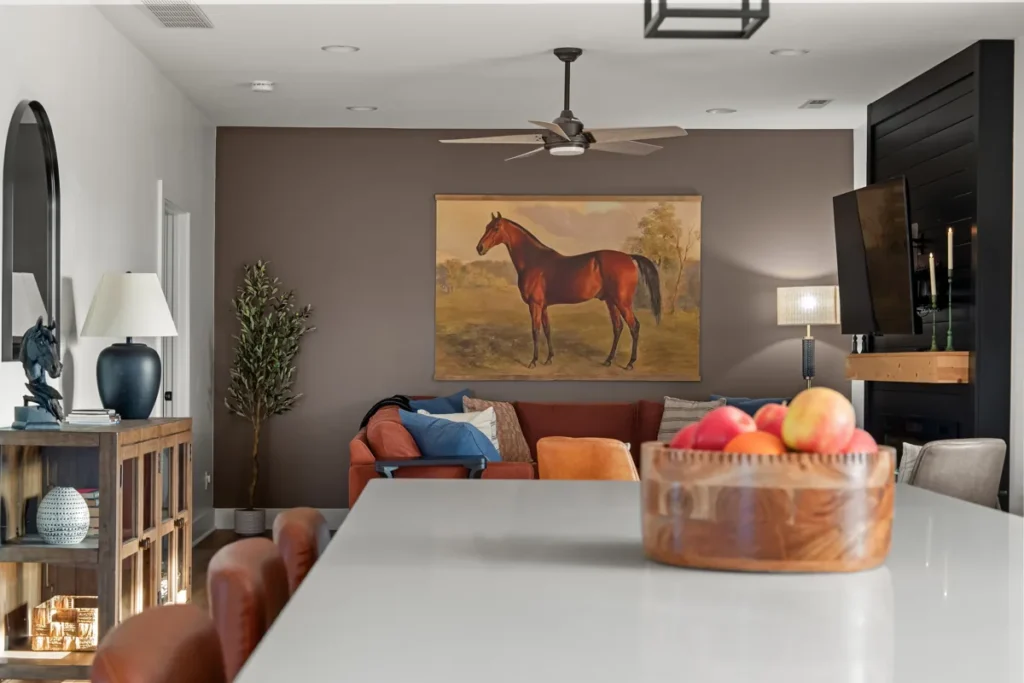 Farmhouse living area viewed from the kitchen island