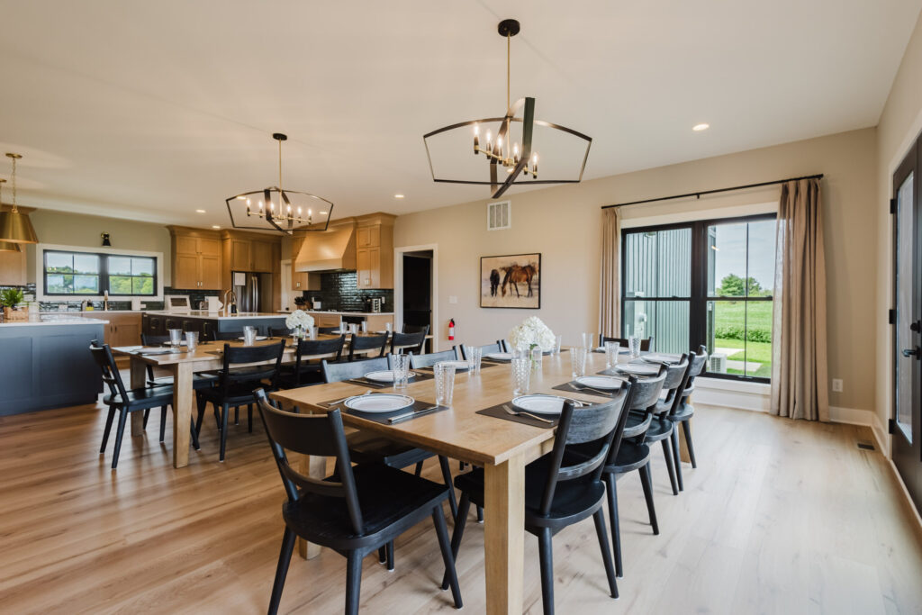 Dining room with tables arranged for a large group