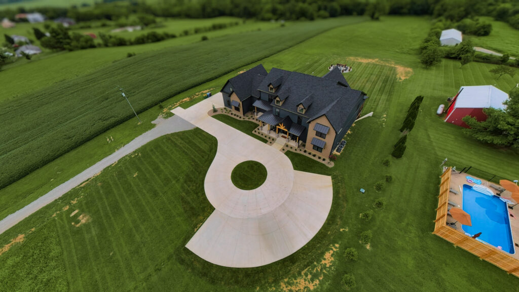 Aerial view of The Lodge on Angel’s Ridge and surrounding Kentucky countryside
