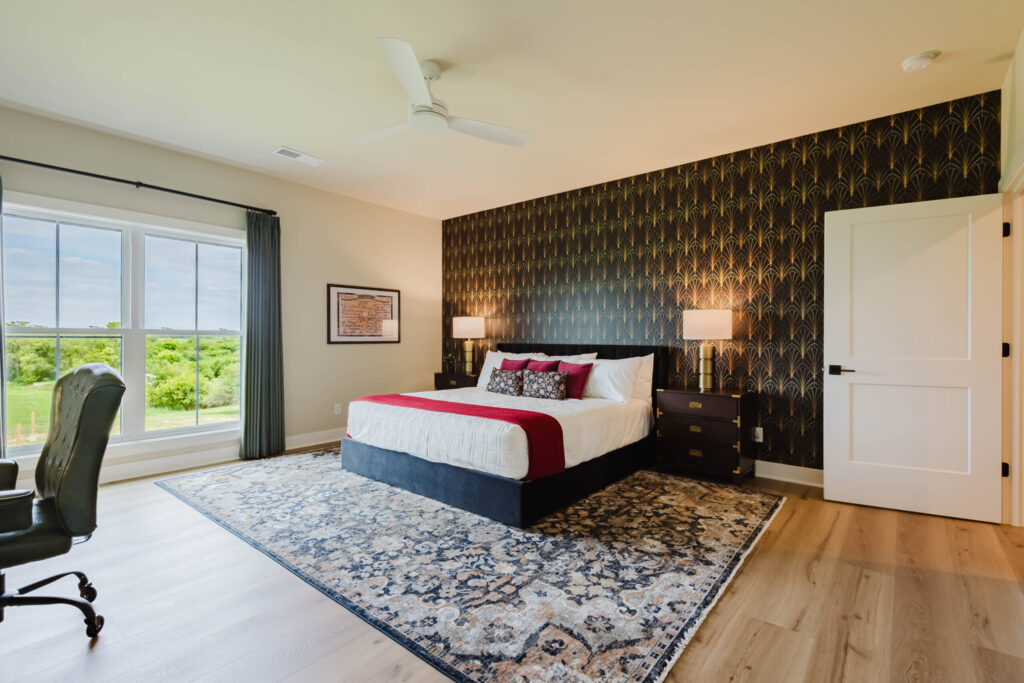 Prohibition bedroom with a king bed and bourbon-era decor